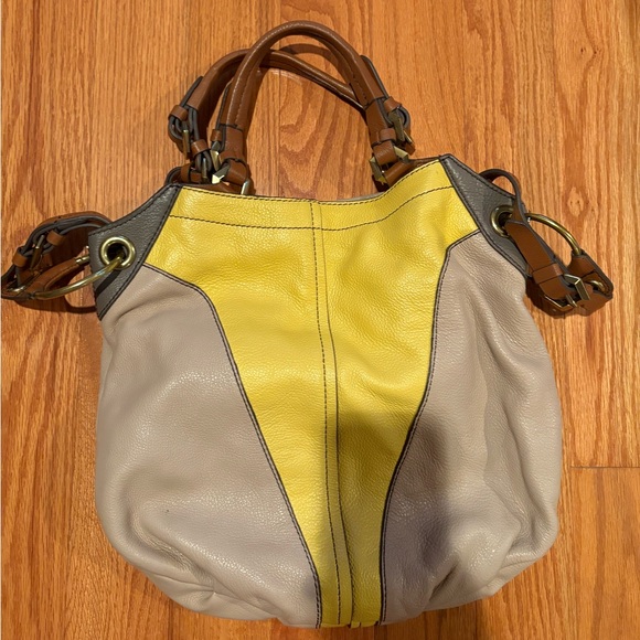 Yellow and tan OrYANY pebble leather colorblock Victoria large hobo bag - Picture 1 of 4